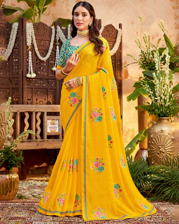 Vishal Prints Golden Yellow Designer Patterned Chiffon Saree With Embroidery And Diamond Work