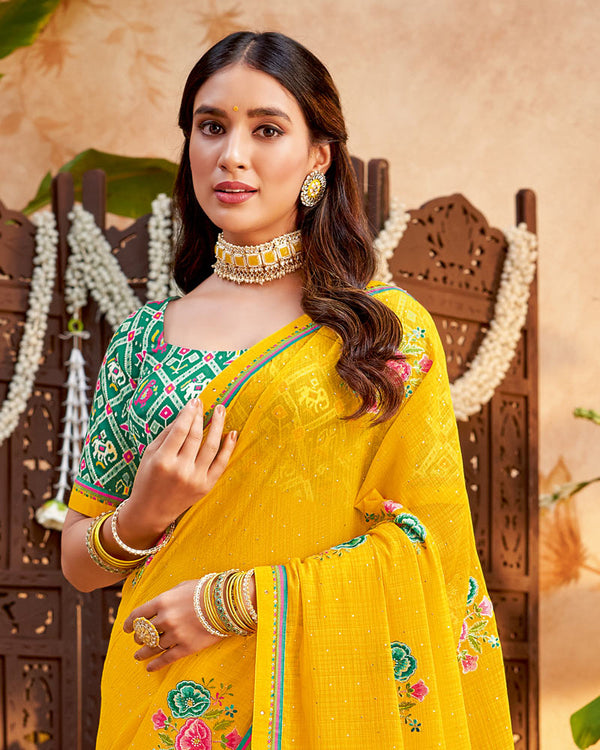 Vishal Prints Golden Yellow Designer Patterned Chiffon Saree With Embroidery And Diamond Work