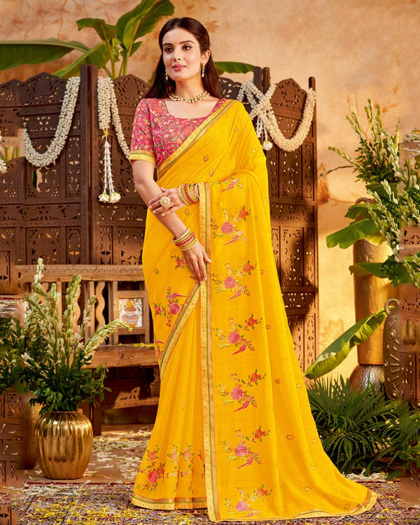 Vishal Prints Golden Yellow Designer Patterned Chiffon Saree With Embroidery And Diamond Work