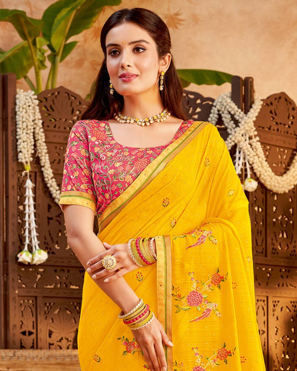 Vishal Prints Golden Yellow Designer Patterned Chiffon Saree With Embroidery And Diamond Work