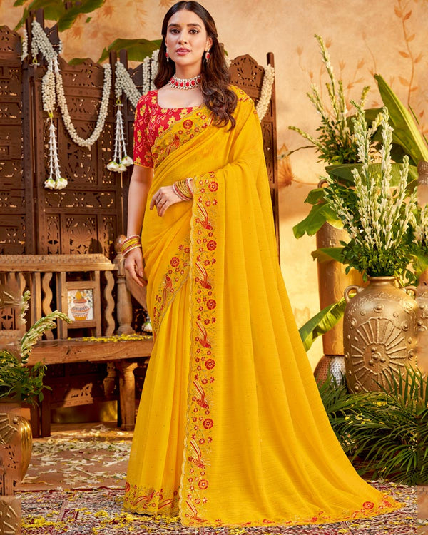 Vishal Prints Golden Yellow Designer Patterned Chiffon Saree With Embroidery And Diamond Work