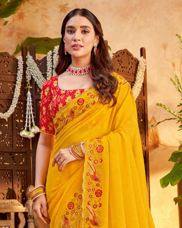 Vishal Prints Golden Yellow Designer Patterned Chiffon Saree With Embroidery And Diamond Work