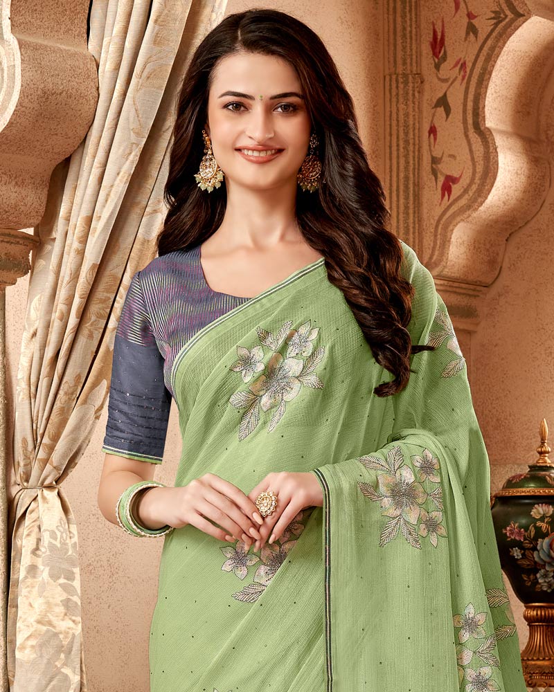 Vishal Prints Sage Green Designer Fancy Chiffon Saree With Embroidery Diamond Work And Core Piping