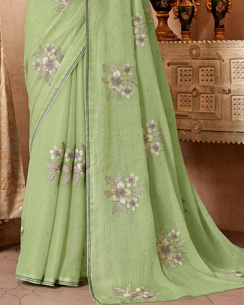 Vishal Prints Sage Green Designer Fancy Chiffon Saree With Embroidery Diamond Work And Core Piping