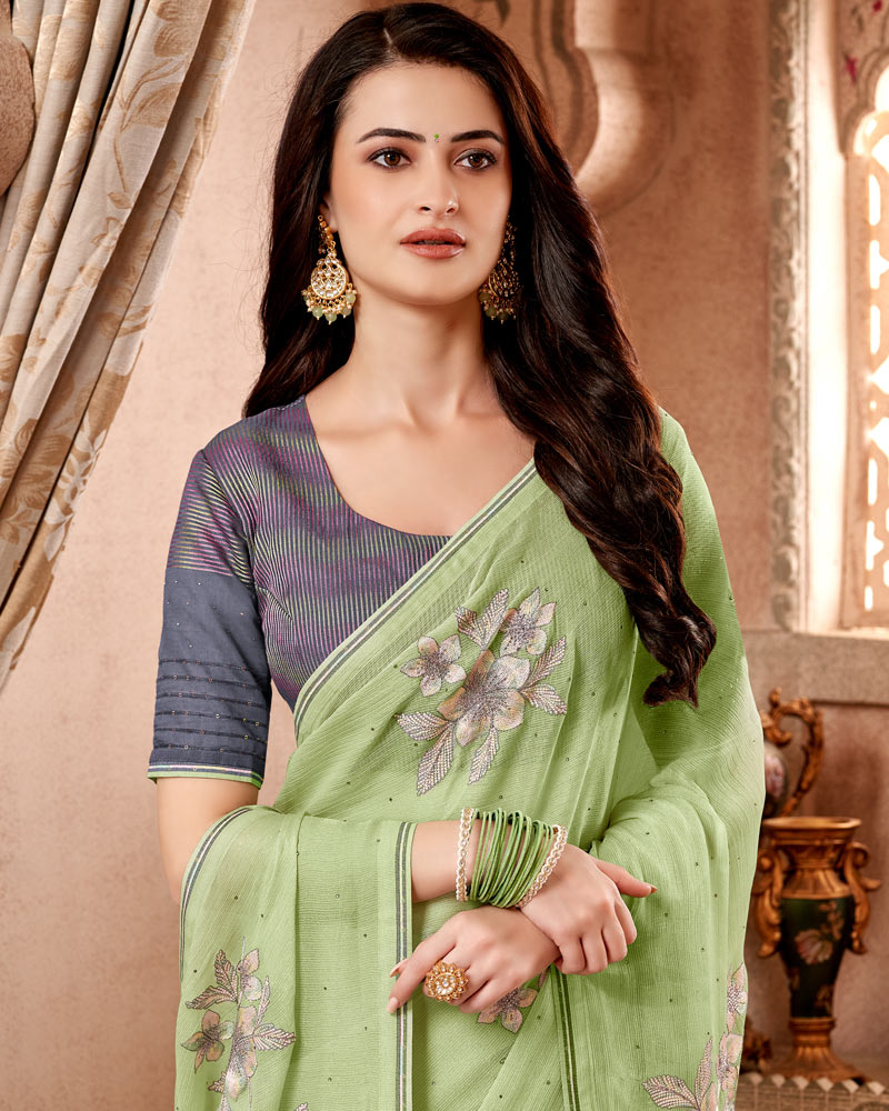 Vishal Prints Sage Green Designer Fancy Chiffon Saree With Embroidery Diamond Work And Core Piping