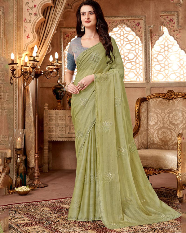 Vishal Prints Pastel Olive Designer Fancy Chiffon Saree With Embroidery Diamond Work And Core Piping