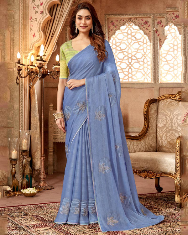 Vishal Prints Lynch Blue Designer Fancy Chiffon Saree With Embroidery Diamond Work And Core Piping