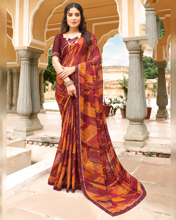 Vishal Prints Burgundy Printed Chiffon Saree With Fancy Border