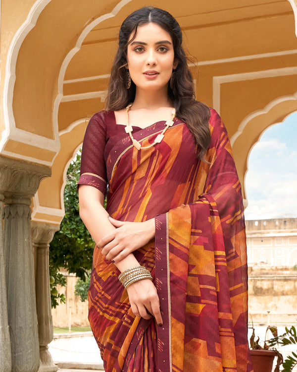 Vishal Prints Burgundy Printed Chiffon Saree With Fancy Border