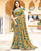 Vishal Prints Ochre Printed Chiffon Saree With Fancy Border