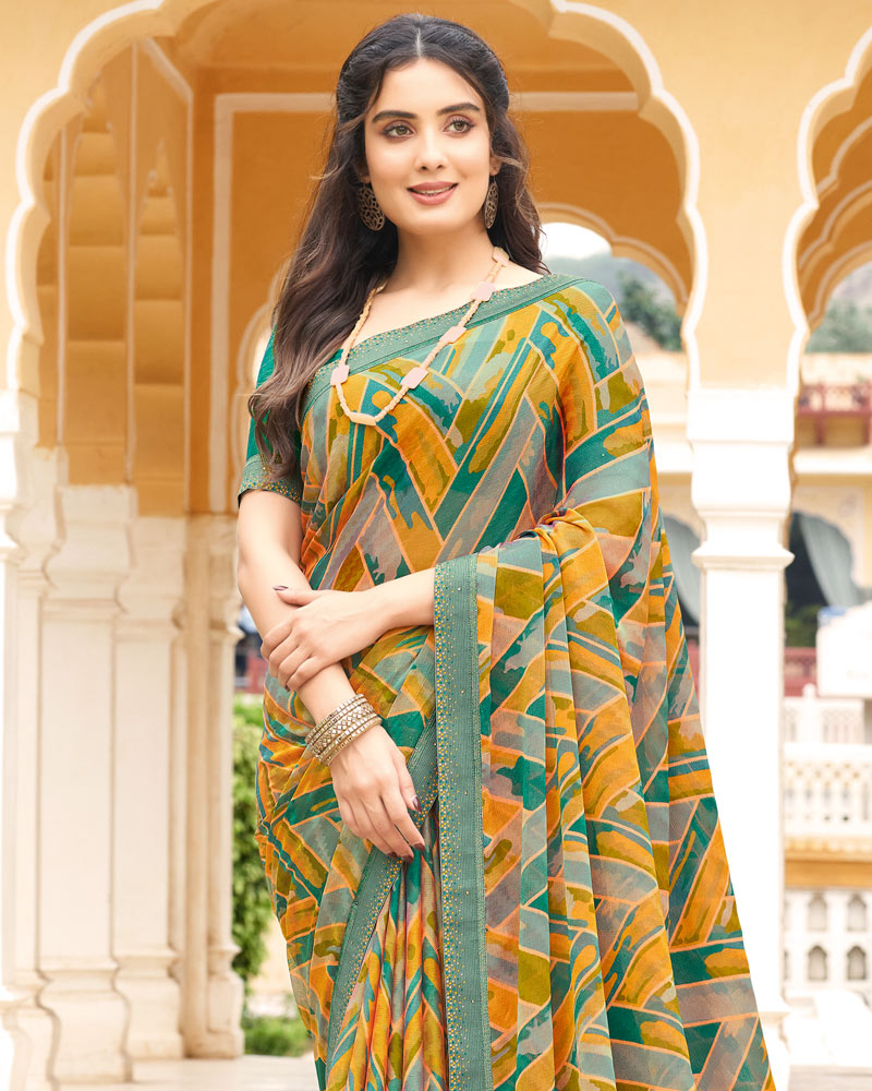 Vishal Prints Ochre Printed Chiffon Saree With Fancy Border