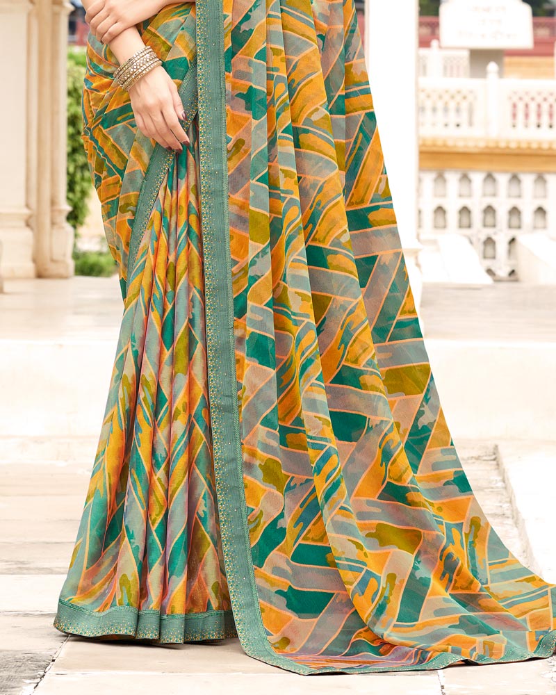 Vishal Prints Ochre Printed Chiffon Saree With Fancy Border