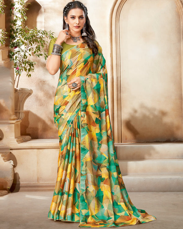 Vishal Prints Aqua Green Digital Print Chiffon Saree With Core Piping