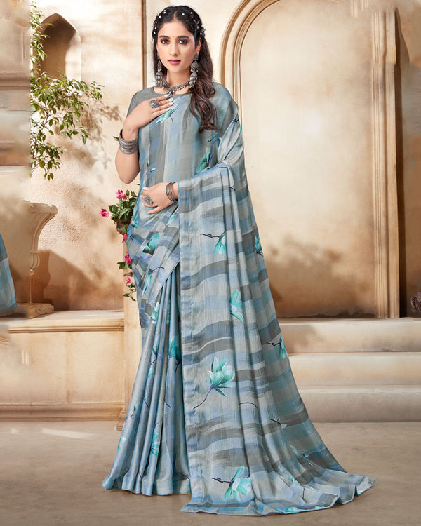 Vishal Prints Charcoal Grey Digital Print Chiffon Saree With Core Piping