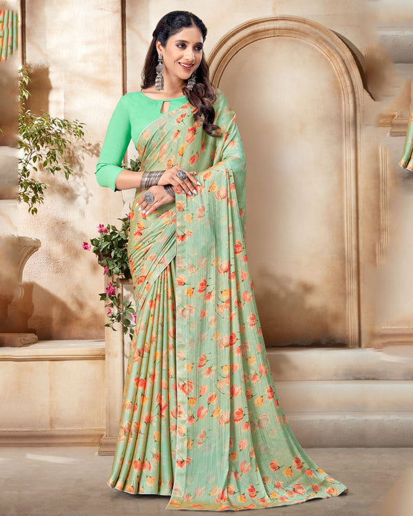 Vishal Prints Sea Green Digital Print Chiffon Saree With Core Piping