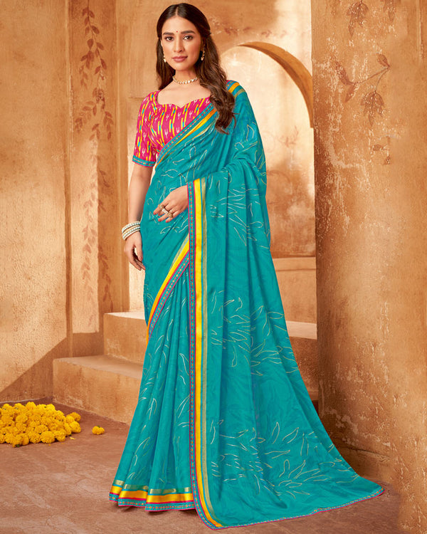 Vishal Prints Dark Turquoise Blue Printed Chiffon Saree With Foil Print And Fancy Border