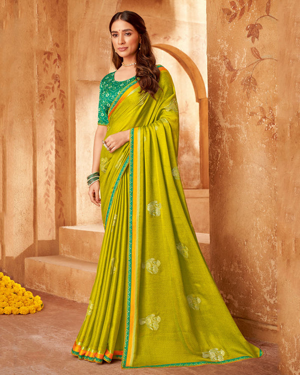 Vishal Prints Olive Yellow Printed Chiffon Saree With Foil Print And Fancy Border