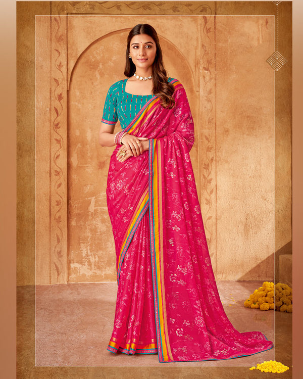 Vishal Prints Red Pink Printed Chiffon Saree With Foil Print And Fancy Border