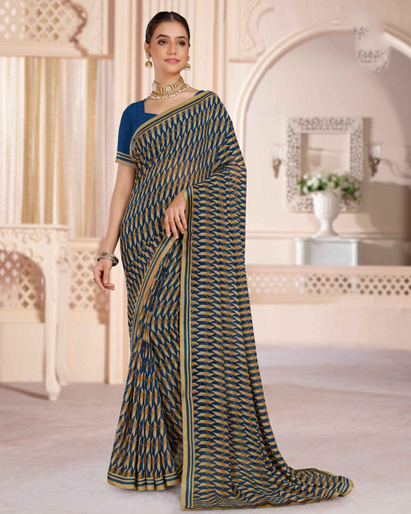 Vishal Prints Ink Blue Printed Georgette Saree With Printed Fancy Border