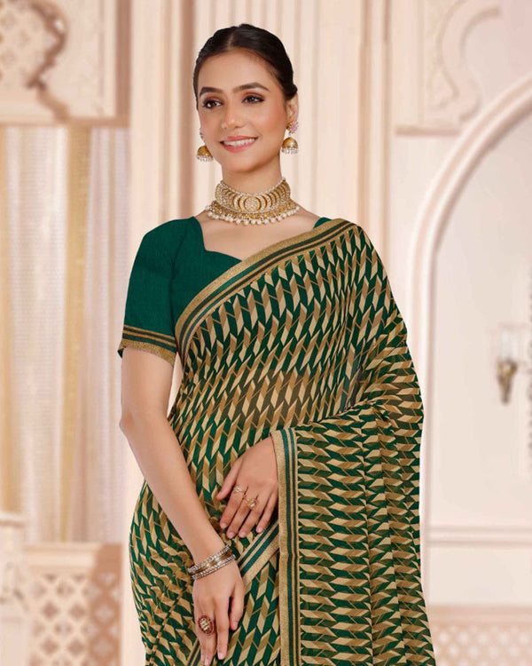 Vishal Prints Bottle Green Printed Georgette Saree With Printed Fancy Border