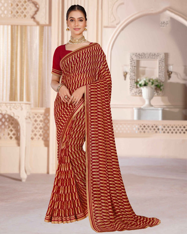 Vishal Prints Dark Red Printed Georgette Saree With Printed Fancy Border