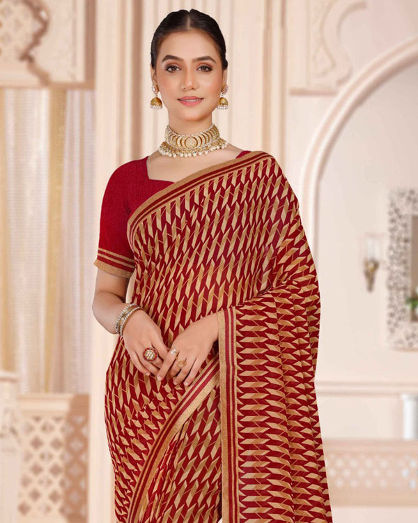 Vishal Prints Dark Red Printed Georgette Saree With Printed Fancy Border