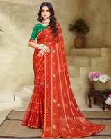 Vishal Prints Tomato Red Printed Patterned Chiffon Saree With Foil Print And Fancy Border