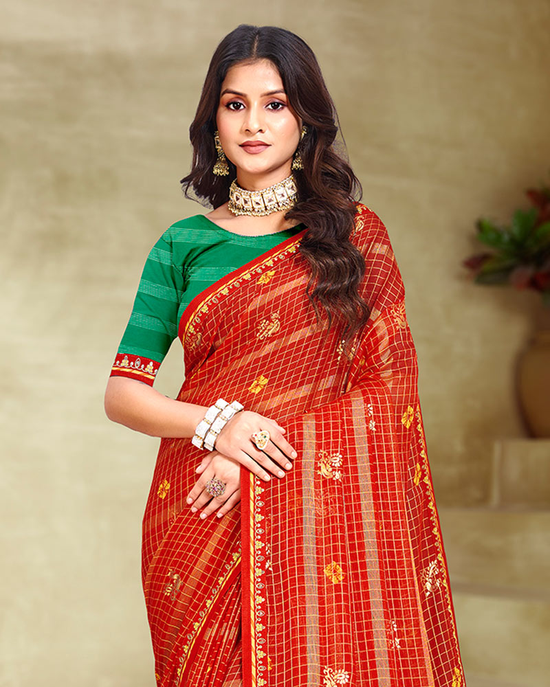 Vishal Prints Tomato Red Printed Patterned Chiffon Saree With Foil Print And Fancy Border