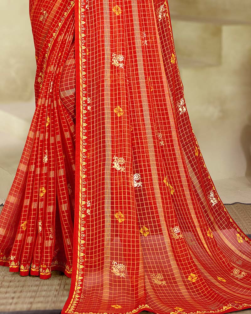 Vishal Prints Tomato Red Printed Patterned Chiffon Saree With Foil Print And Fancy Border