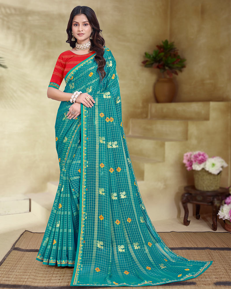 Vishal Prints Teal Green Printed Patterned Chiffon Saree With Foil Print And Fancy Border