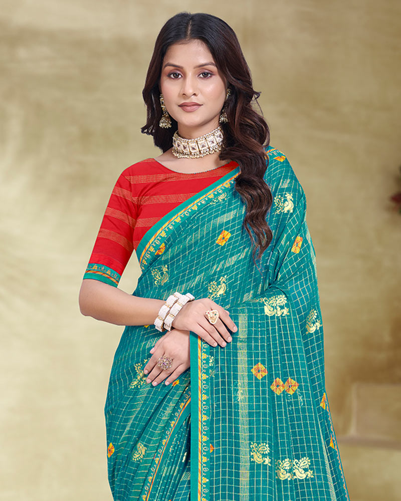 Vishal Prints Teal Green Printed Patterned Chiffon Saree With Foil Print And Fancy Border