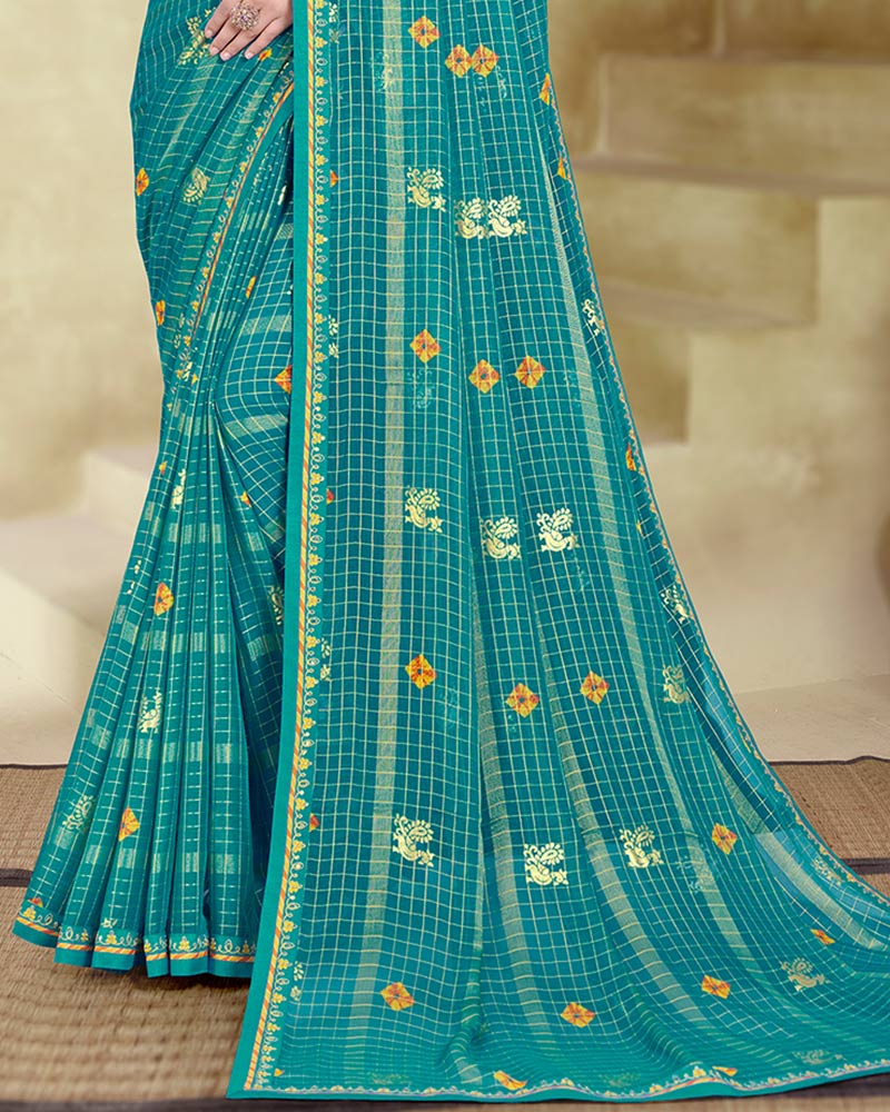 Vishal Prints Teal Green Printed Patterned Chiffon Saree With Foil Print And Fancy Border