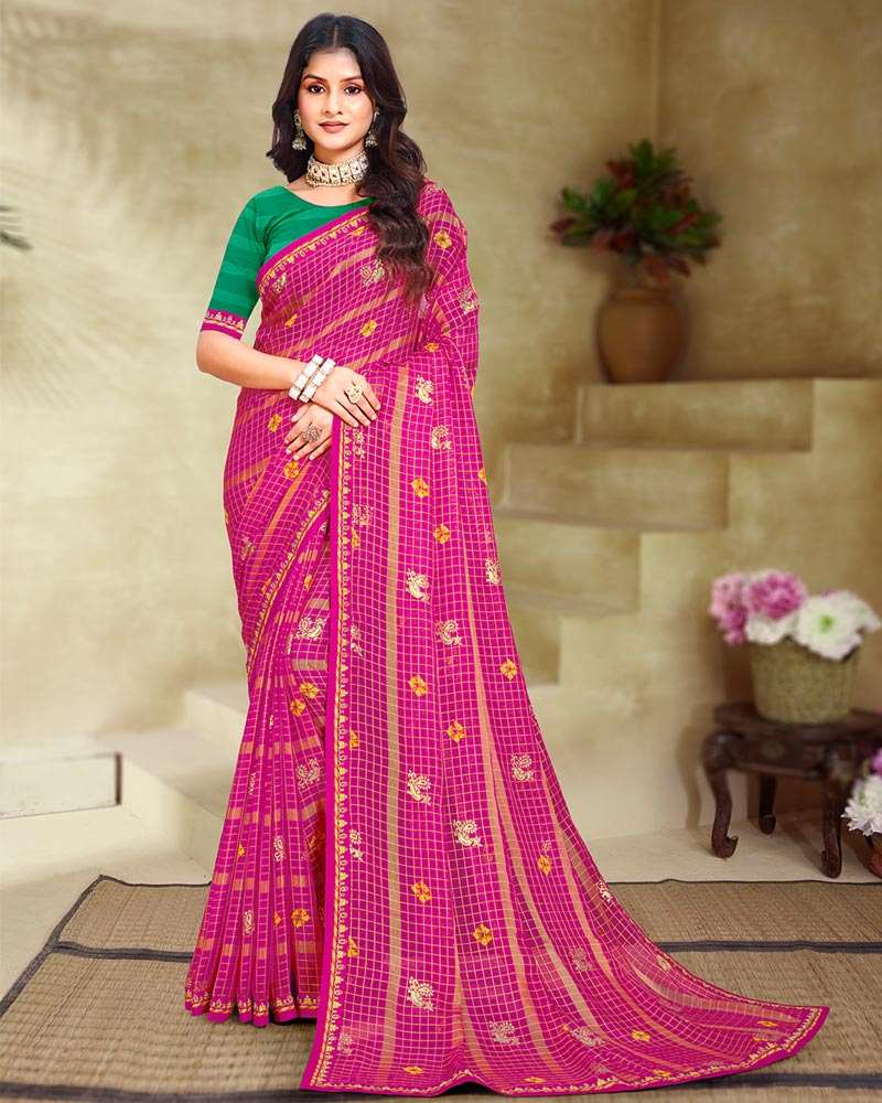 Vishal Prints Rani Printed Patterned Chiffon Saree With Foil Print And Fancy Border