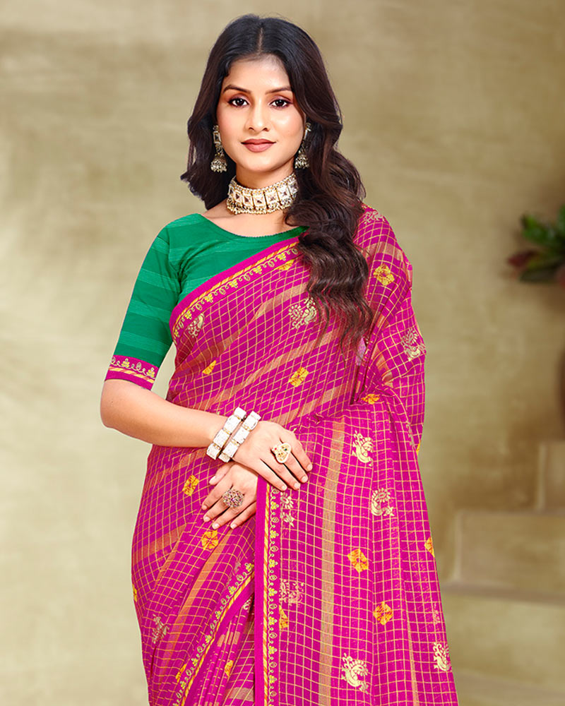 Vishal Prints Rani Printed Patterned Chiffon Saree With Foil Print And Fancy Border