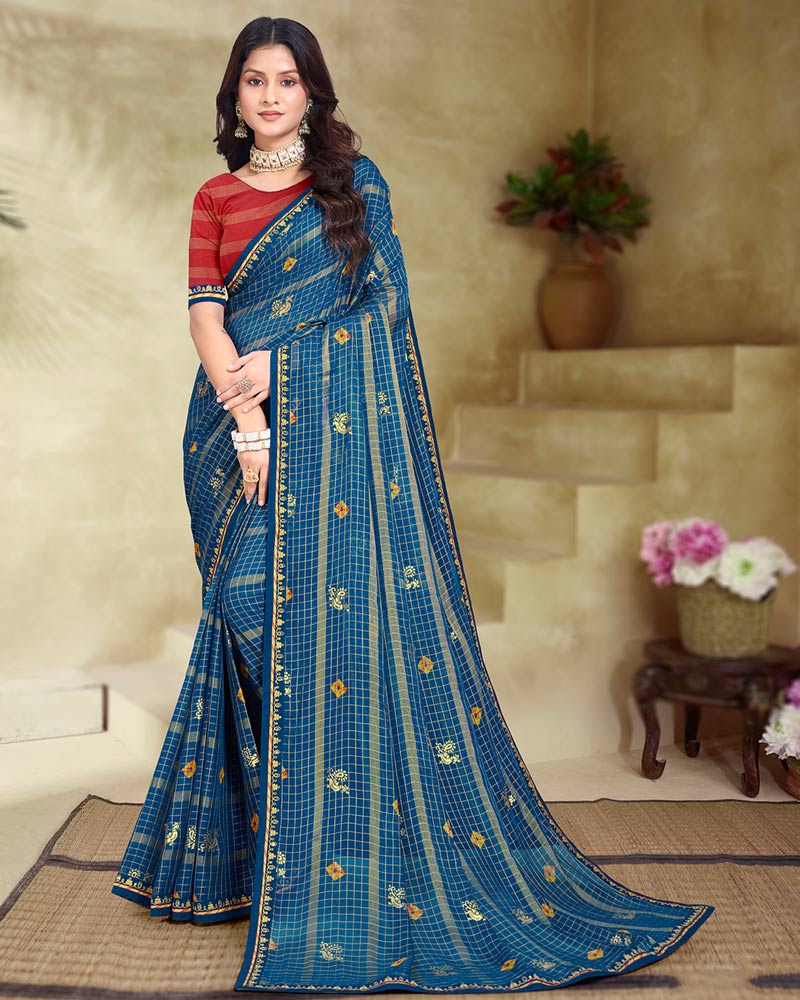 Vishal Prints Peacock Blue Printed Patterned Chiffon Saree With Foil Print And Fancy Border