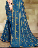 Vishal Prints Peacock Blue Printed Patterned Chiffon Saree With Foil Print And Fancy Border