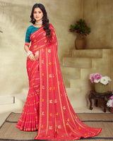 Vishal Prints Crimson Red Printed Patterned Chiffon Saree With Foil Print And Fancy Border