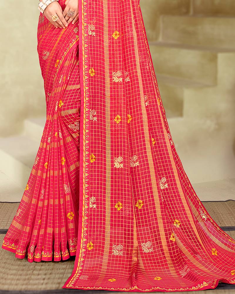 Vishal Prints Crimson Red Printed Patterned Chiffon Saree With Foil Print And Fancy Border