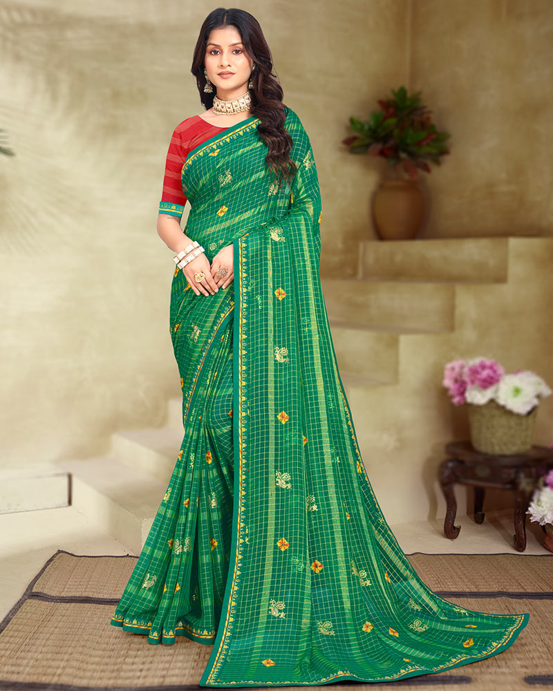 Vishal Prints Dark Sea Green Printed Patterned Chiffon Saree With Foil Print And Fancy Border