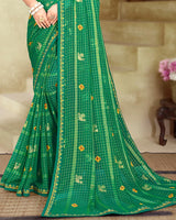 Vishal Prints Dark Sea Green Printed Patterned Chiffon Saree With Foil Print And Fancy Border