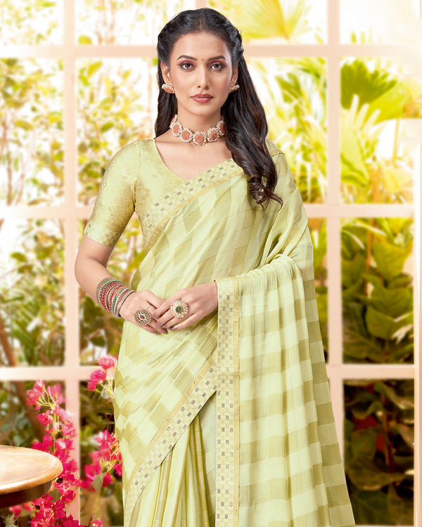 Vishal Prints Beryl Green Checks Patterned Fancy Chiffon Saree With Digital Print Satin Border