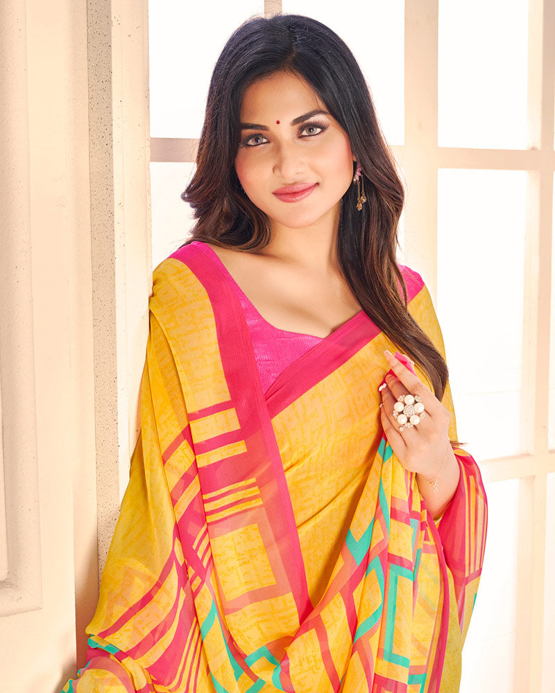 Vishal Prints Yellow Printed Georgette Saree