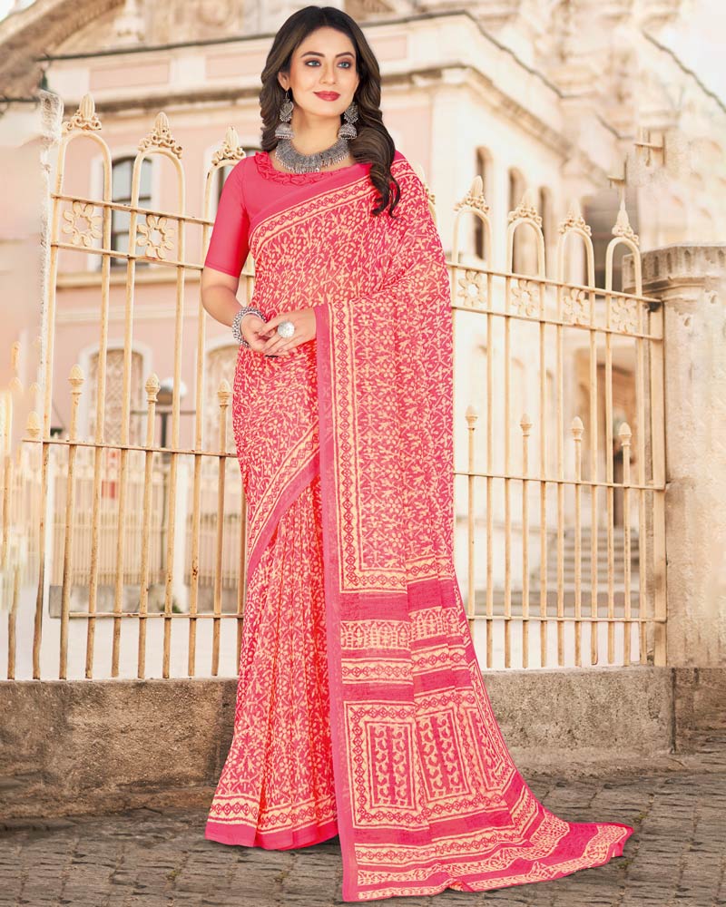 Vishal Prints Red Pink Printed Georgette Saree