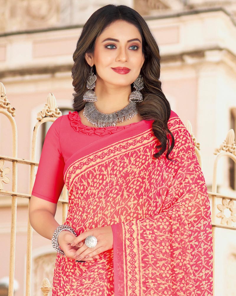 Vishal Prints Red Pink Printed Georgette Saree