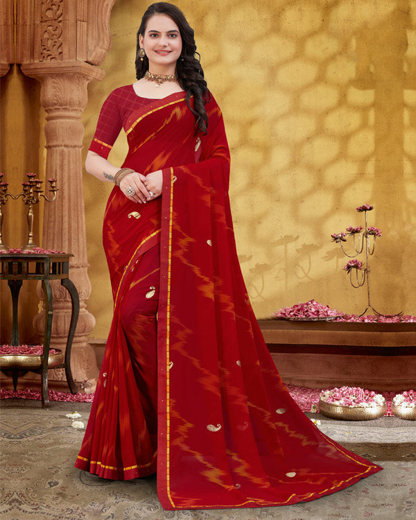 Vishal Prints Dark Red Printed Georgette Saree With Foil Print And Fancy Border