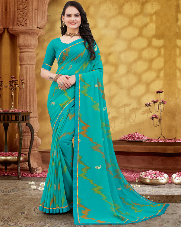 Vishal Prints Dark Turquoise Blue Printed Georgette Saree With Foil Print And Fancy Border