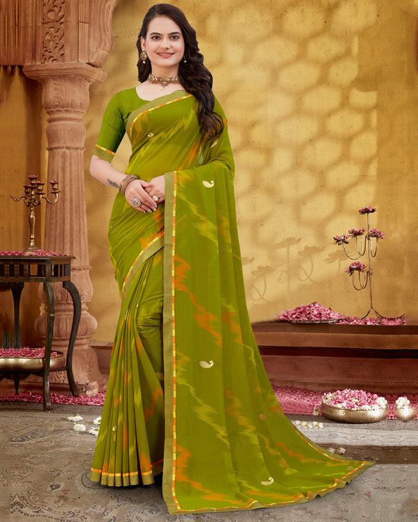 Vishal Prints Dark Olive Green Printed Georgette Saree With Foil Print And Fancy Border