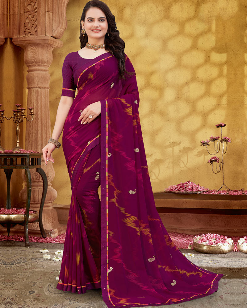 Vishal Prints Wine Printed Georgette Saree With Foil Print And Fancy Border