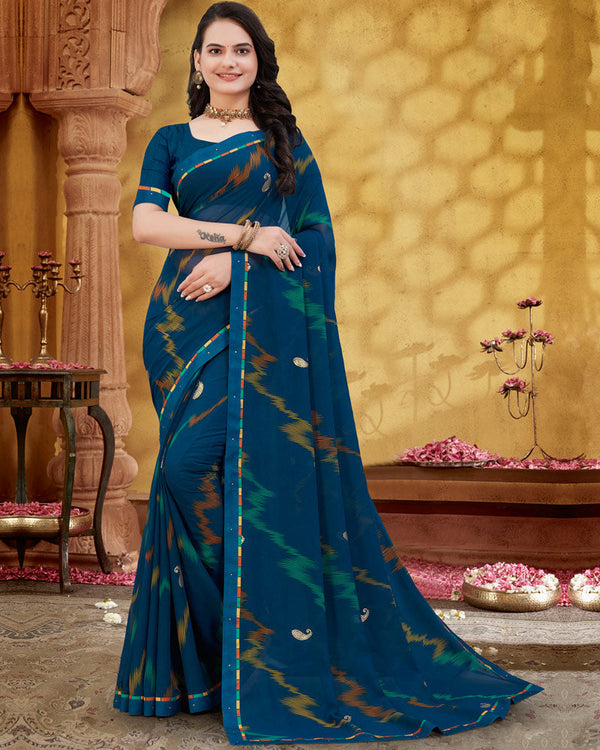 Vishal Prints Prussian Blue Printed Georgette Saree With Foil Print And Fancy Border