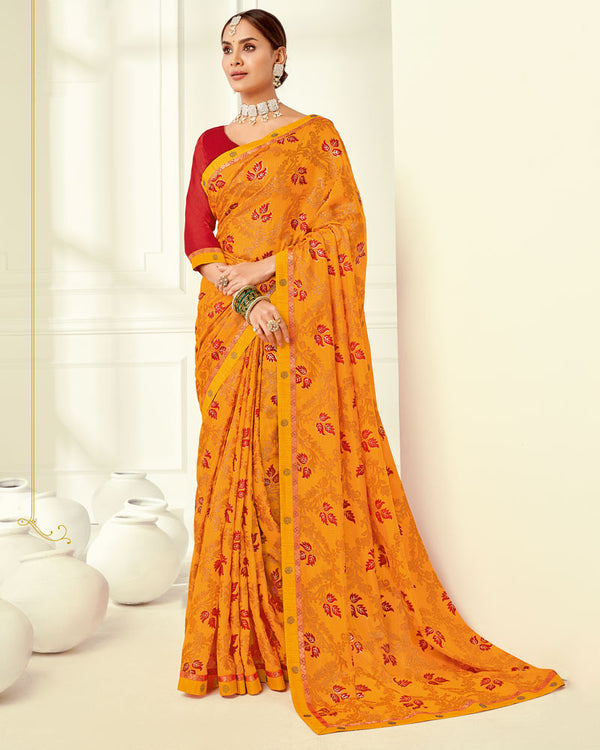 Vishal Prints Yellowish Orange Printed Silk Brasso Saree With Foil Print And Fancy Border